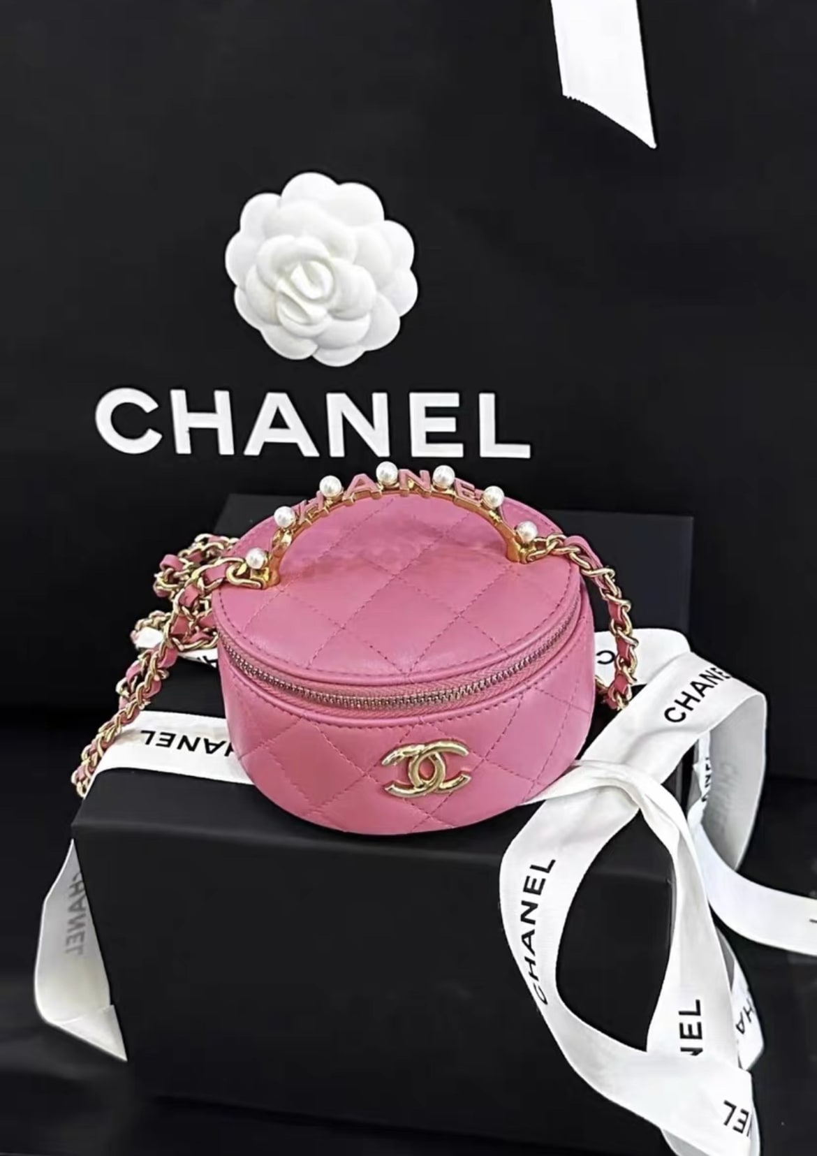 Chanel 23B pearl top handle pink mini vanity bag