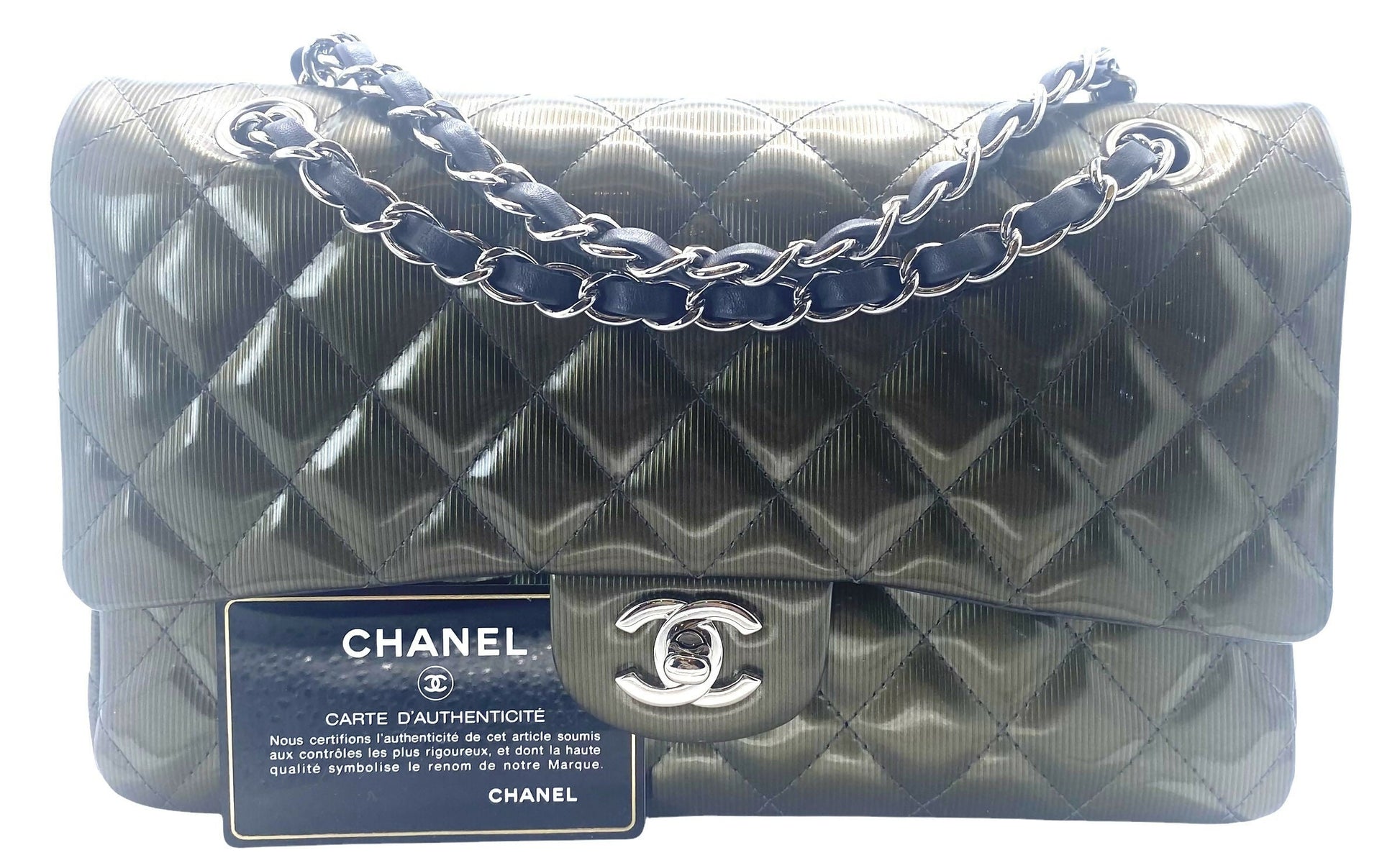 Chanel Medium Dark Green Straited Patent Leather Double Flap Timeless Classic Bag SHW