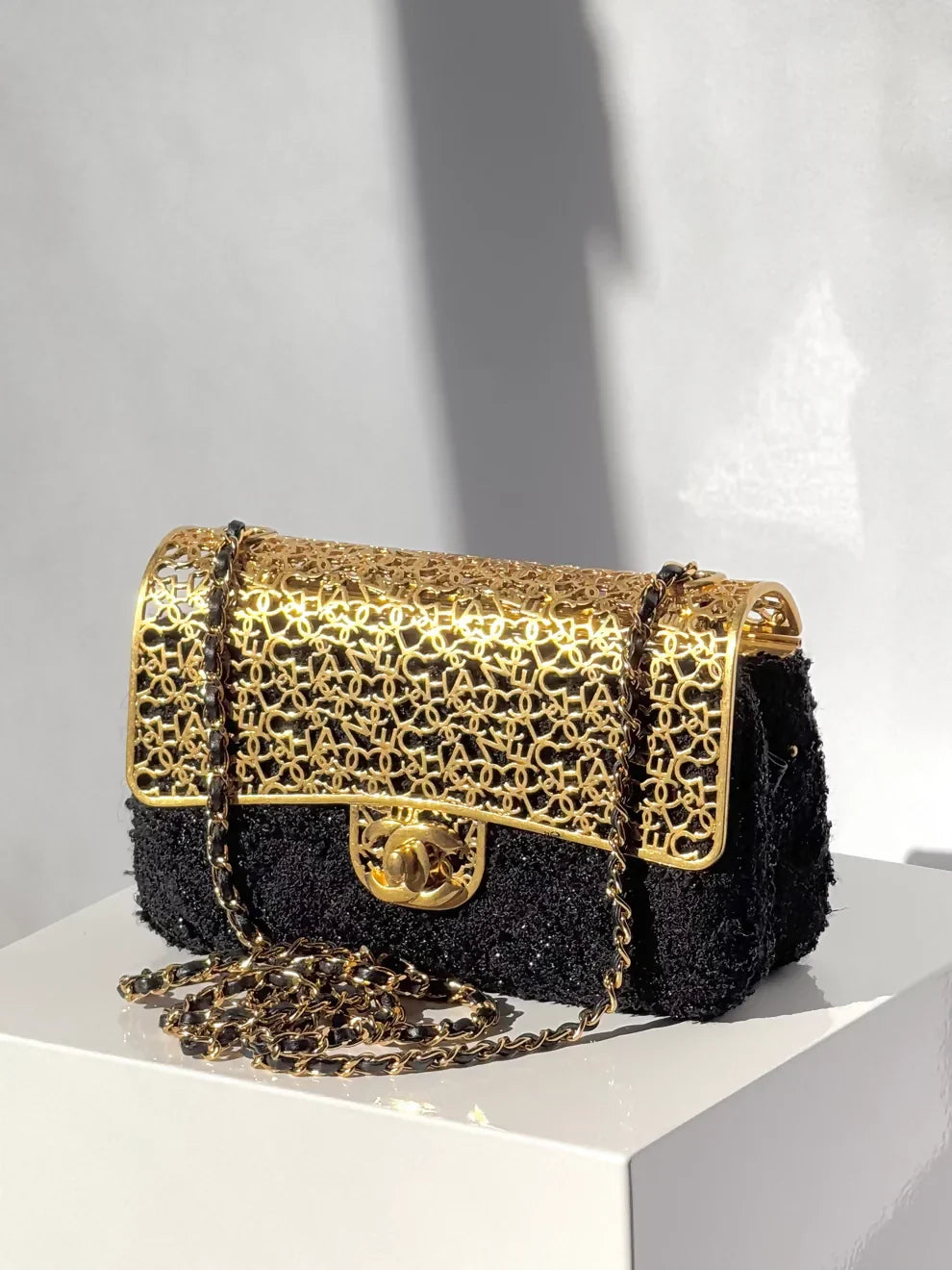Chanel 2022 Mini Tweed Evening Flap Bag Black Gold CC Logo