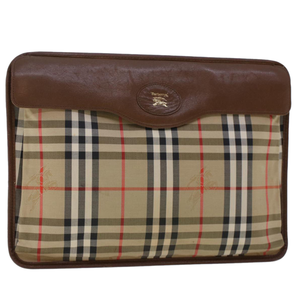 Burberry Nova Check Clutch Bag Nylon Leather Beige Auth ki3144
