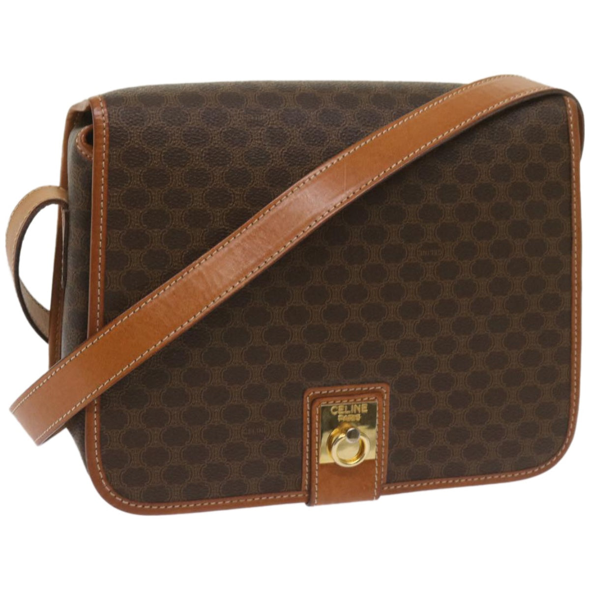 Luxury CELINE Macadam Canvas Shoulder Bag PVC Leather Brown ki4109