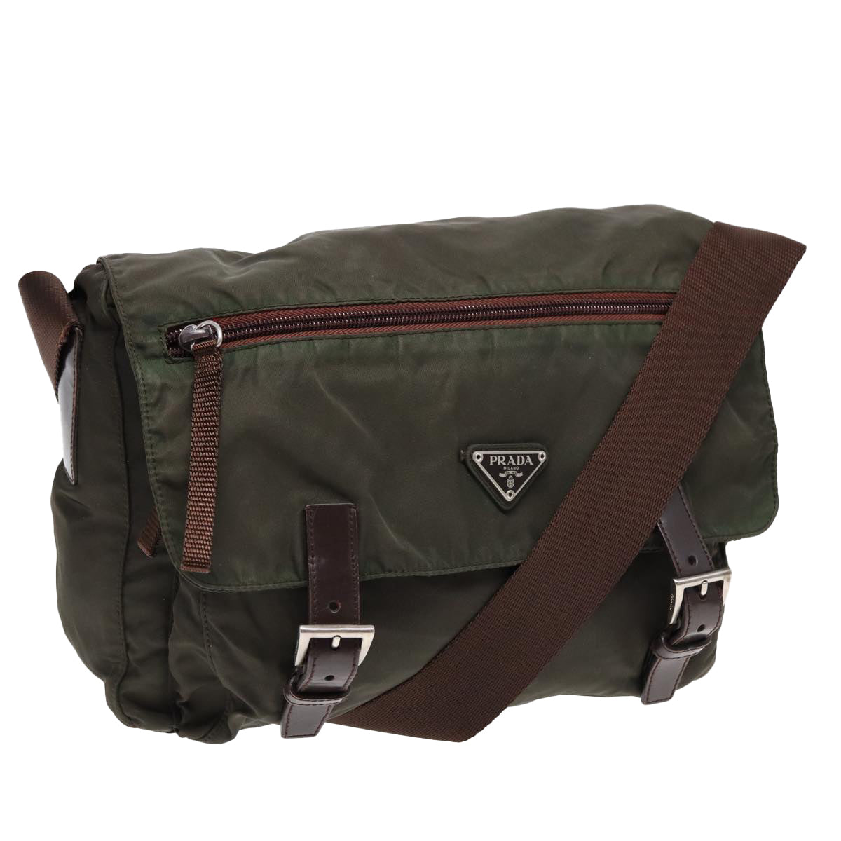 PRADA Shoulder Bag Nylon Khaki Silver Auth