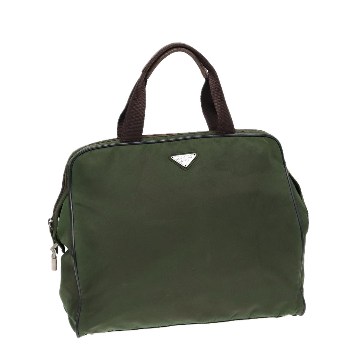 PRADA Hand Bag Nylon Khaki Brown Silver Auth