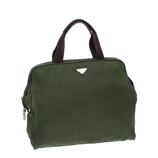 PRADA Hand Bag Nylon Khaki Brown Silver Auth