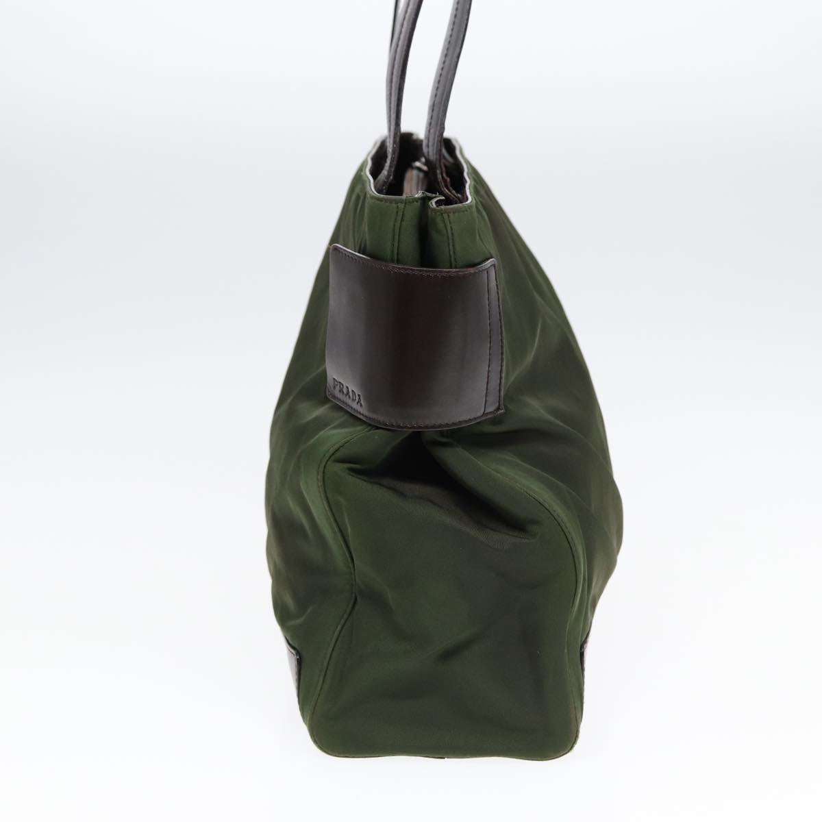 PRADA Tote Bag Nylon Leather Khaki Brown Silver Auth