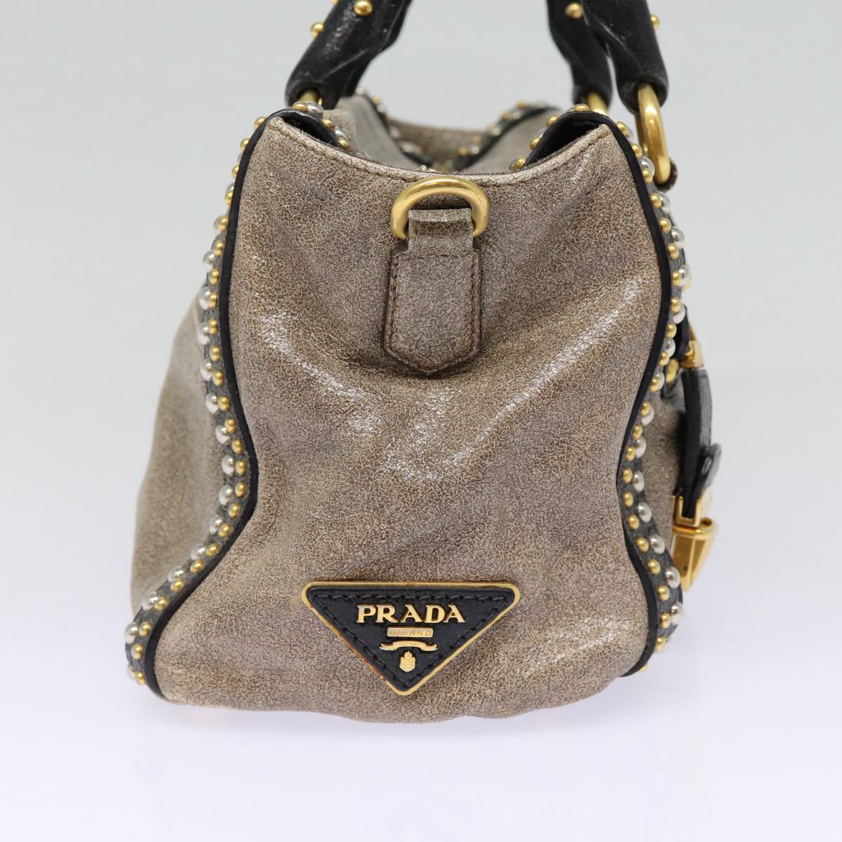 PRADA Studs Hand Bag Leather 2way Gray Gold Auth