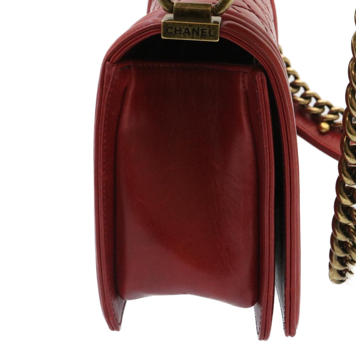 CHANEL Boy Matelasse Chain Flap Shoulder Bag Leather Red CC Auth knn010