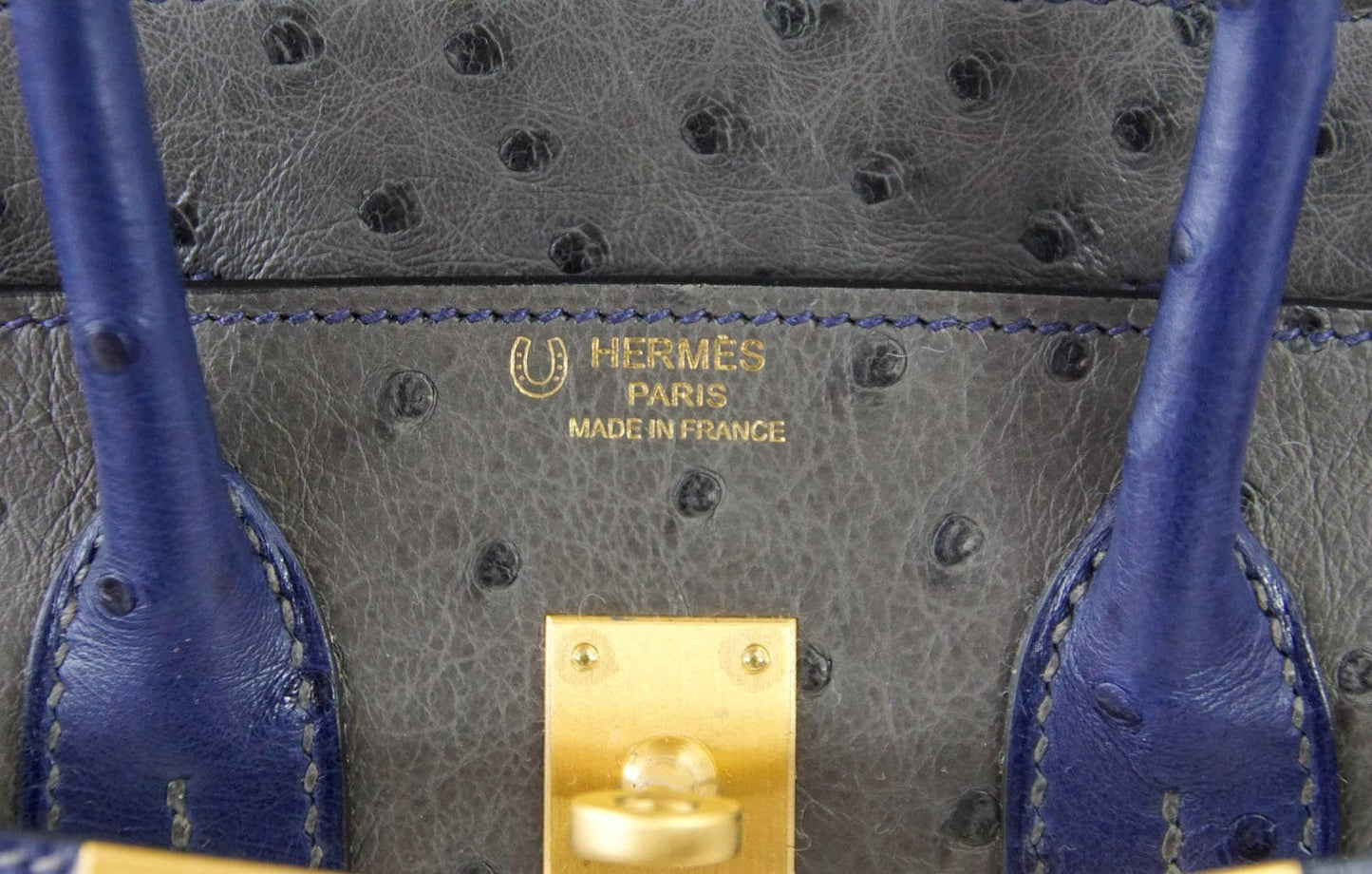 Hermes Birkin 25 Bag HSS Ostrich Gris Agate/ Blue Sapphire Brushed Gold