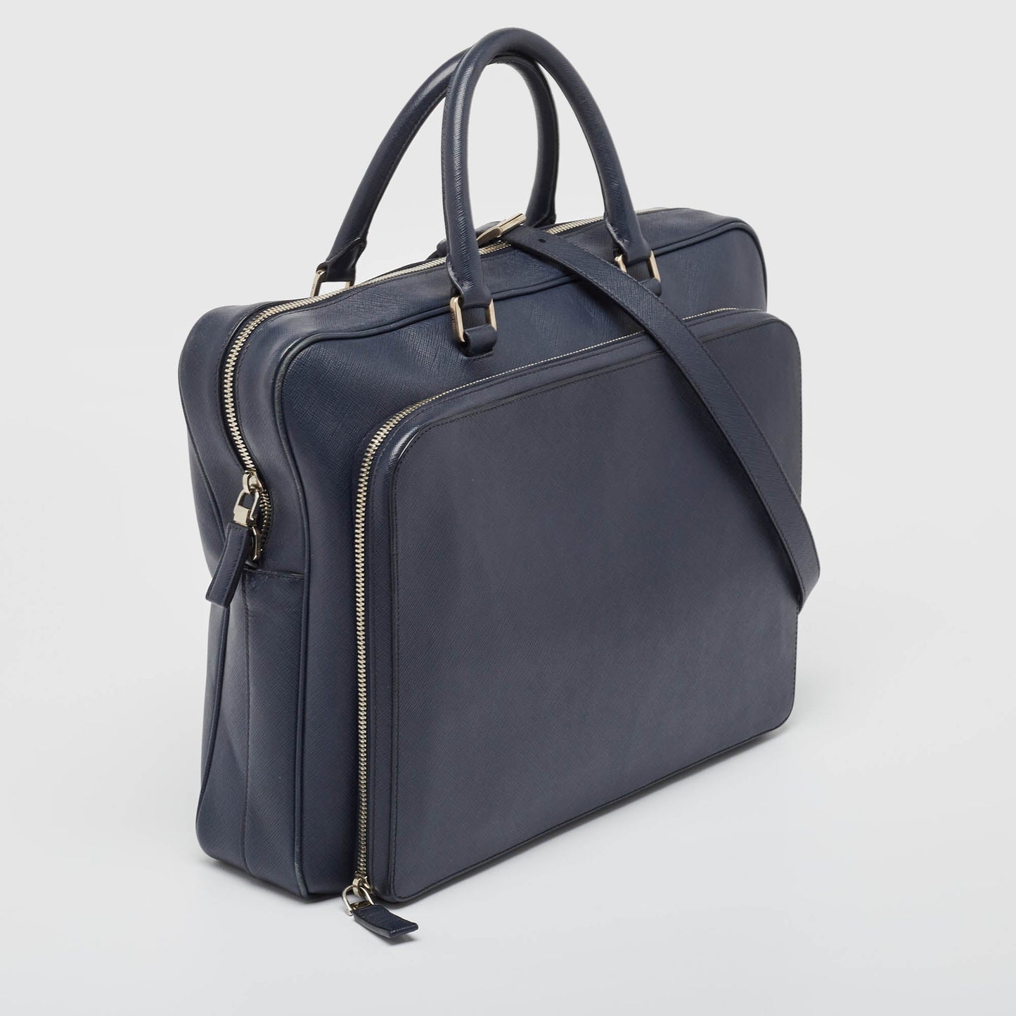 PRADA Navy Blue Saffiano Leather Two Way Travel Briefcase Luxury Handbag