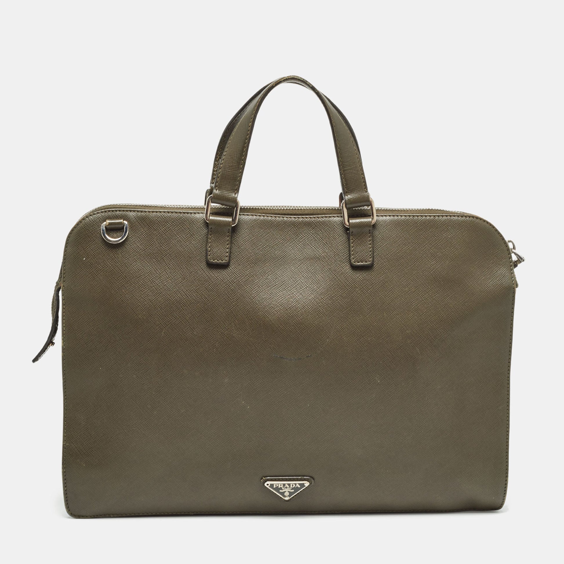 PRADA Olive Green Saffiano Lux Leather Front Pocket Briefcase Bag
