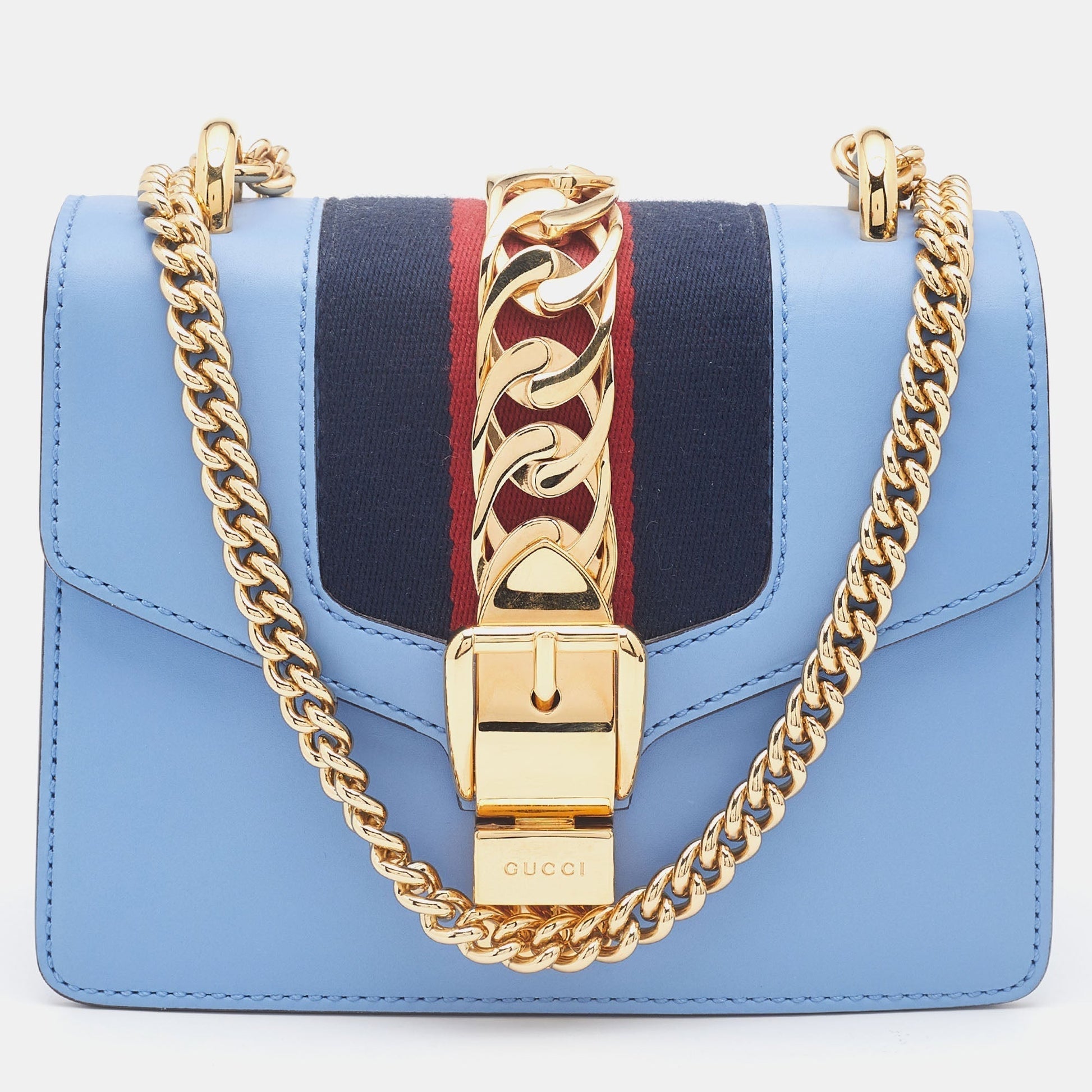 Gucci Sylvie Blue Leather Chain Crossbody