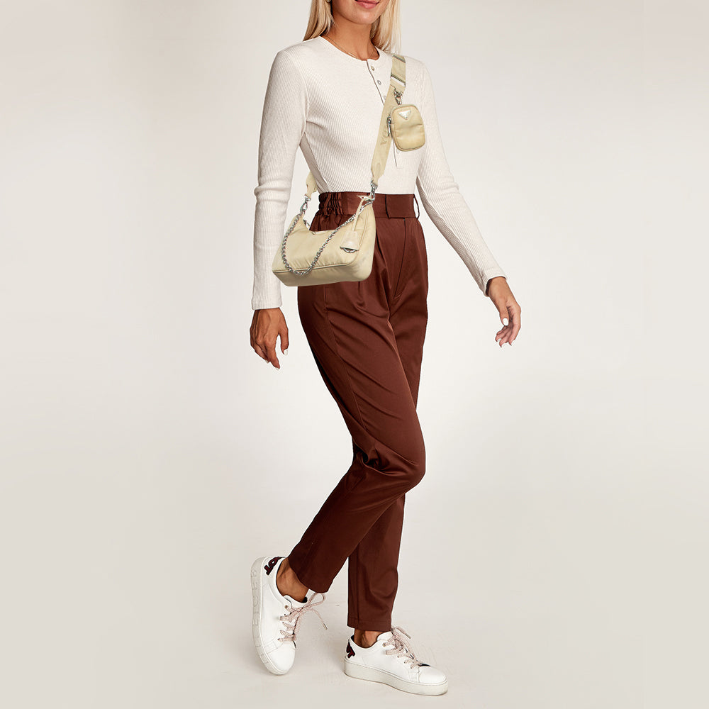 PRADA Cream Nylon and Leather Re-Edition Baguette Bag