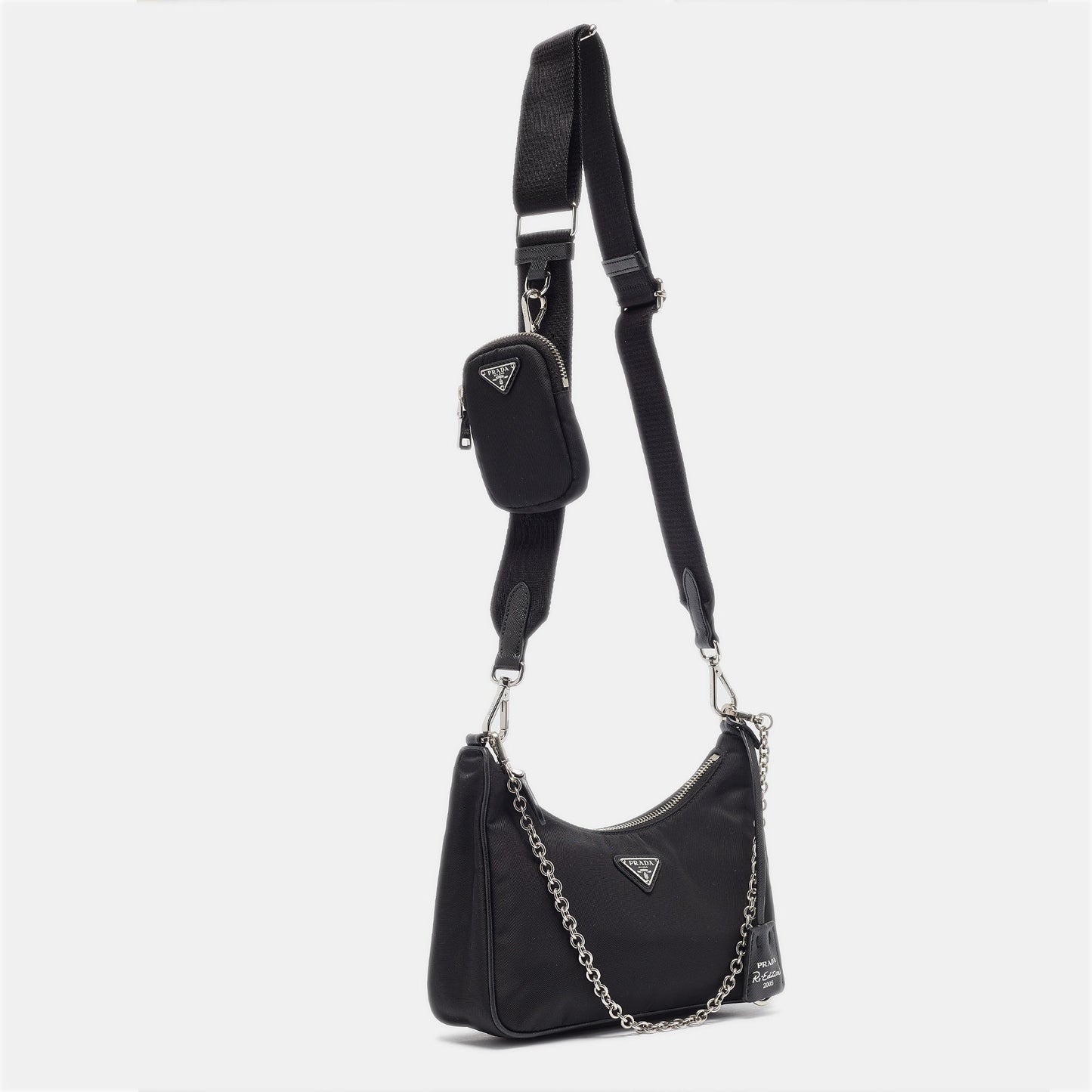 PRADA Black Nylon and Saffiano Leather Re-Edition Baguette Bag