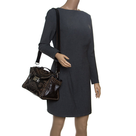 Prada Dark Brown Vitello Leather Eyelet Crystal Embellished Top Handle Bag