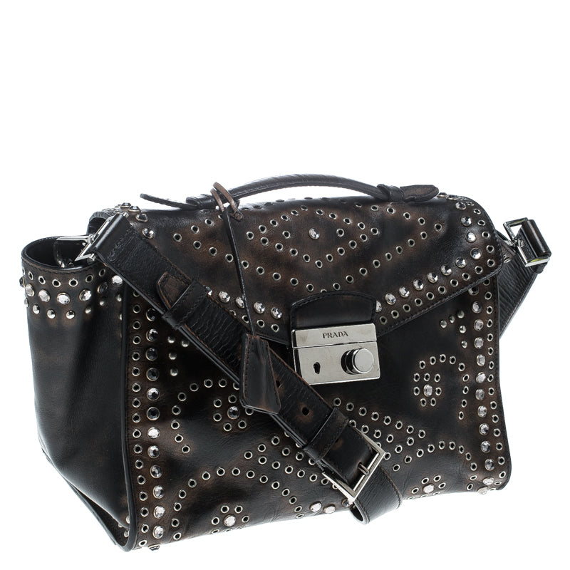 Prada Dark Brown Vitello Leather Eyelet Crystal Embellished Top Handle Bag