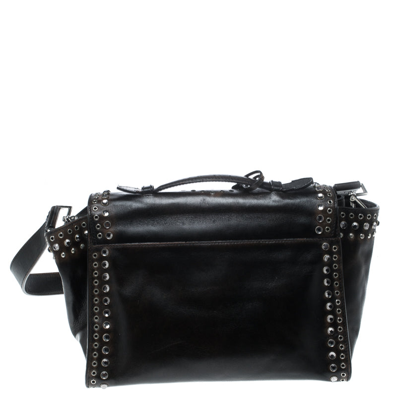 Prada Dark Brown Vitello Leather Eyelet Crystal Embellished Top Handle Bag