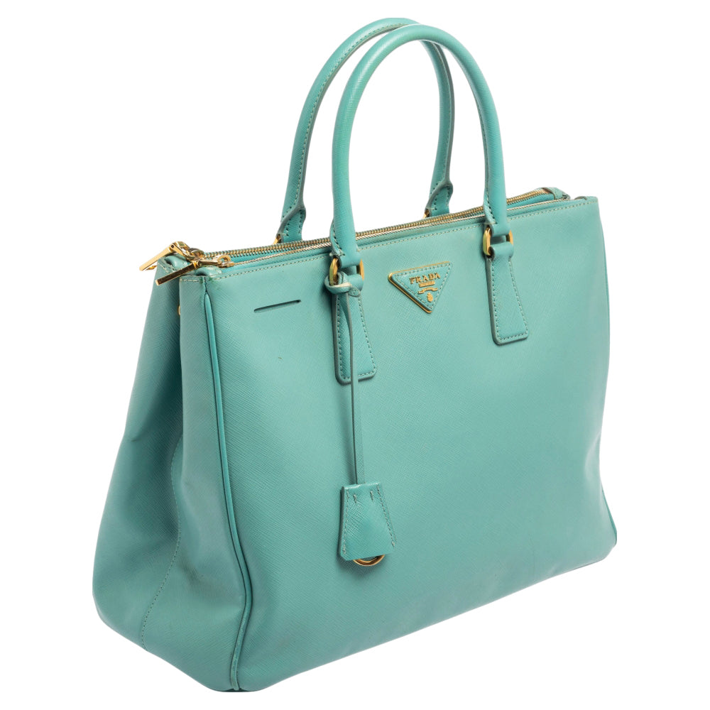 Prada Celeste Green Saffiano Lux Leather Large Double Zip Tote