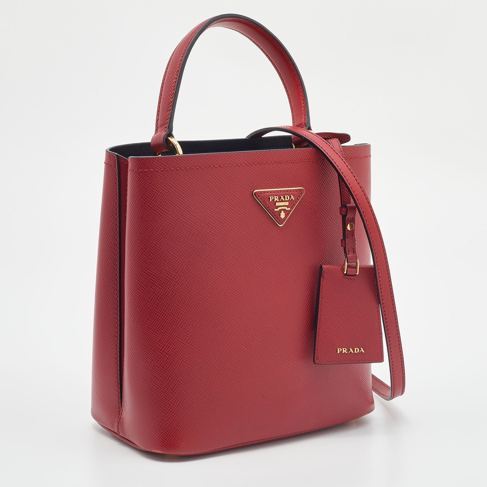 PRADA Red Saffiano Cuir Leather Medium Panier Top Handle Bag