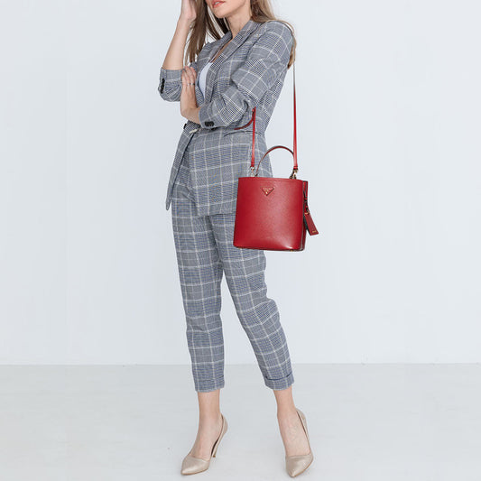 PRADA Red Saffiano Cuir Leather Medium Panier Top Handle Bag
