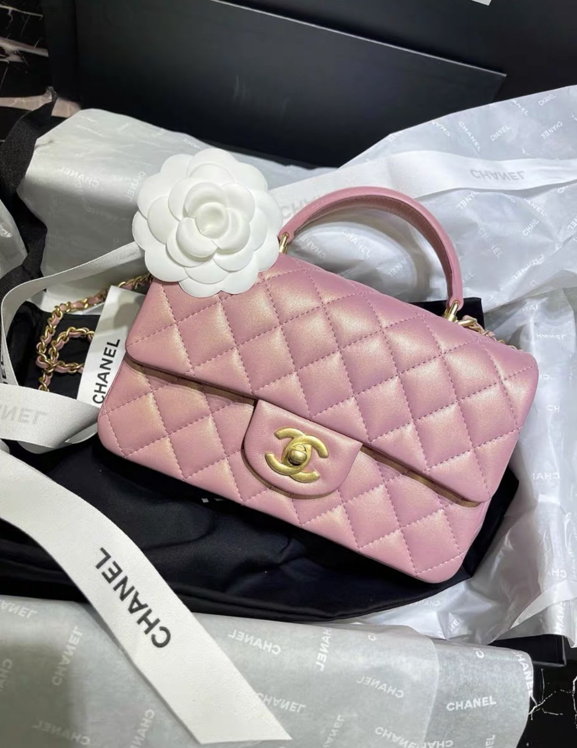 Chanel Mini Rectangular Flap Bag with Top Handle Pink Iridescent Lambskin Antique Gold Hardware