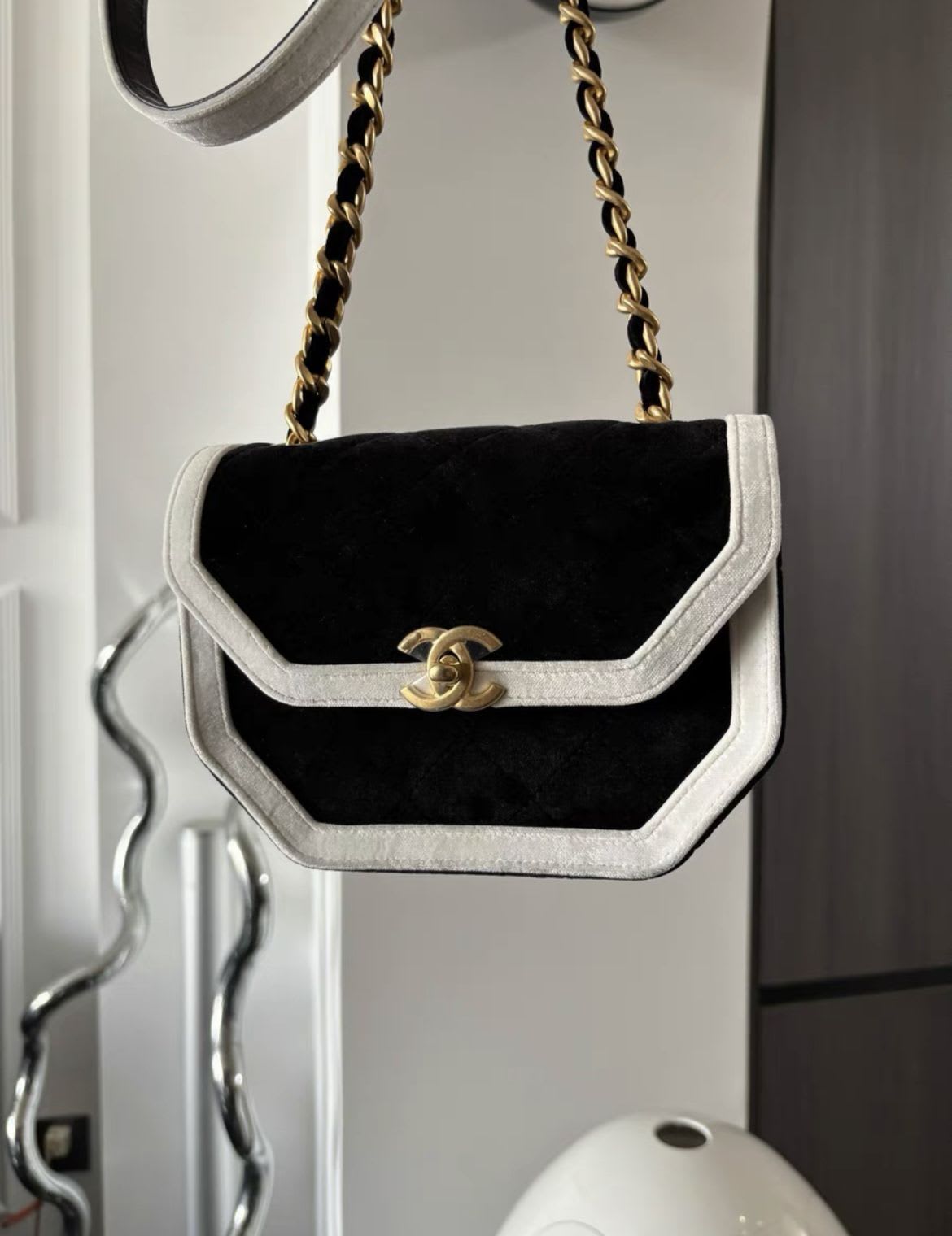 Chanel Seasonal Flap Bag, Black and White Velvet with Gold Hardware