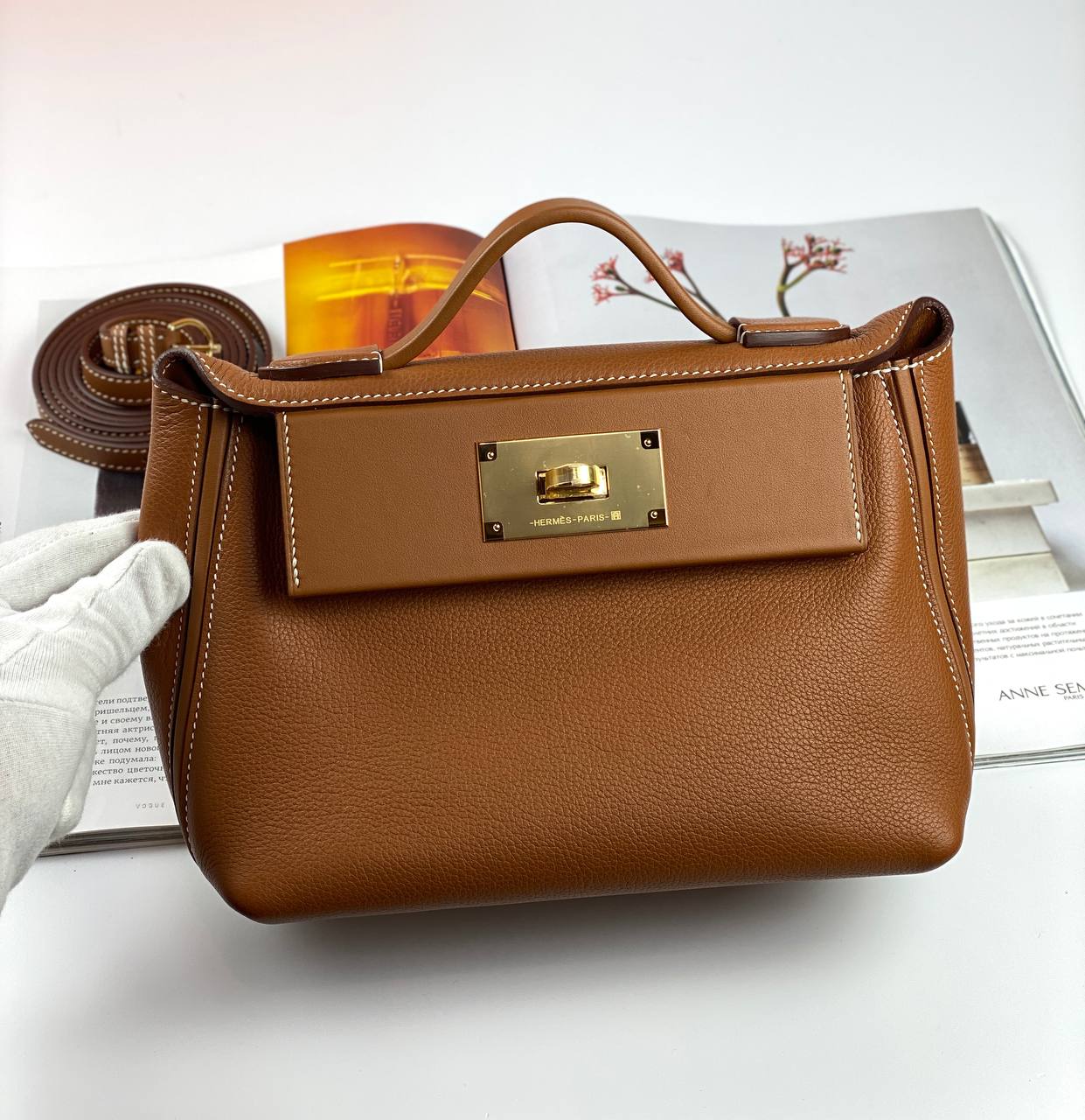 Luxury Hermes 24/24 Bag Evercolor with Swift 21 brown Gold Hardware