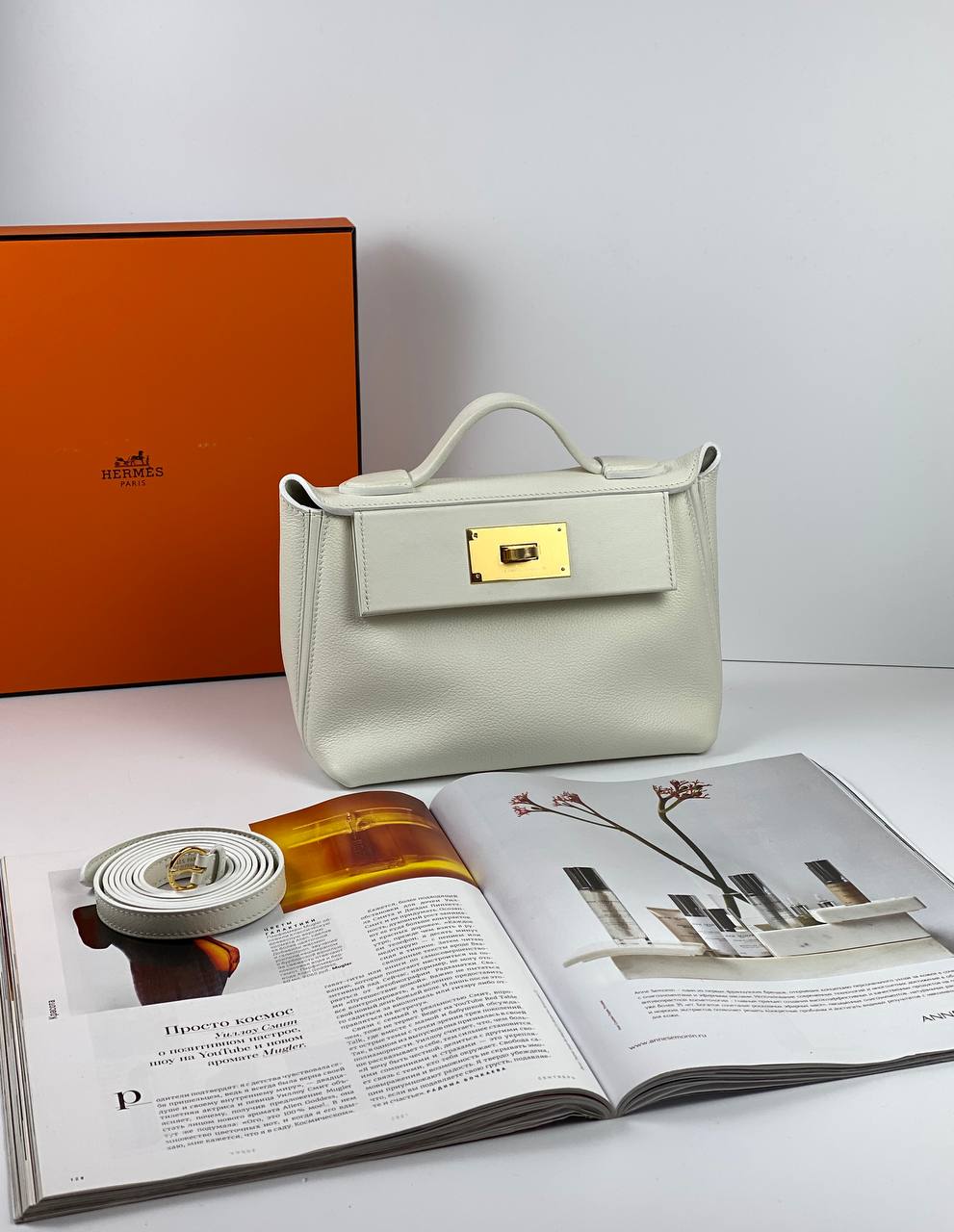 Luxury Hermes 24/24 Bag Evercolor with Swift 21 white Gold Hardware