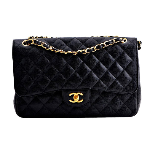 Chanel Jumbo Black Calfskin Caviar Double Flap Bag with GHW