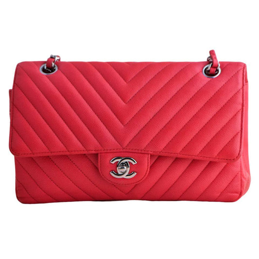 Chanel Red Chevron Caviar Medium Classic Double Flap Bag
