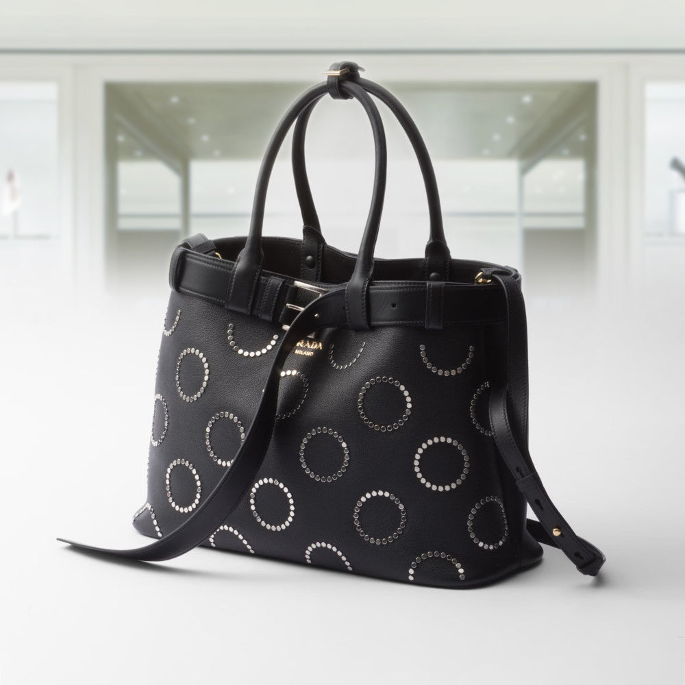 Prada Buckle large leather bag with appliquÃ©s