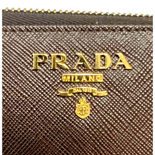 Prada Bruciato Brown Saffiano Leather Zip Around Continental Wallet