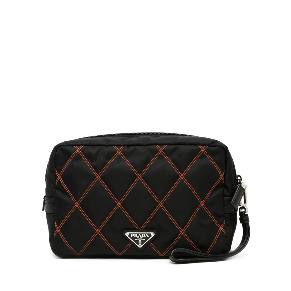 PRADA Nylon Black and Orange Pouch Luxury Handbag