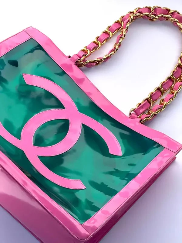 Chanel 1995 Barbie Pink Patent PVC Chunky Chain Tote Bag