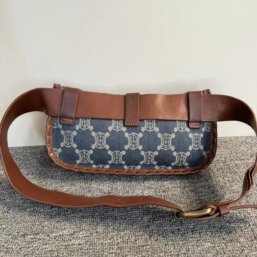 Luxury CELINE Triomphe Blue Canvas Belted Waist Bag Medium