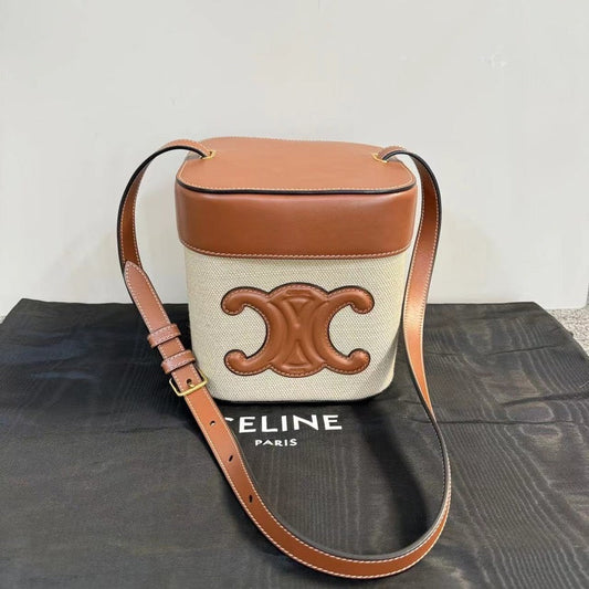 Luxury CELINE Triomphe Canvas Tan Leather Small Bucket Bag