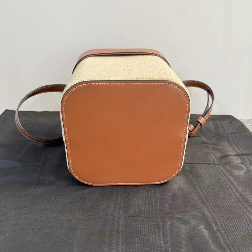 Luxury CELINE Triomphe Canvas Tan Leather Small Bucket Bag
