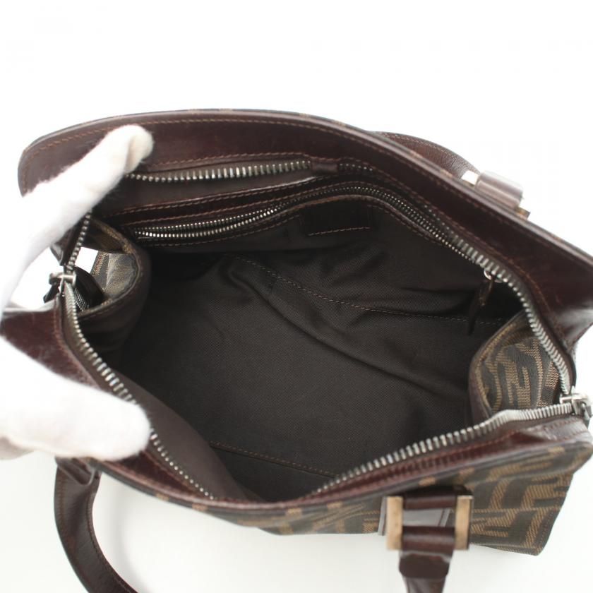 Fendi Zucca Handbag Canvas Leather Brown Dark Brown