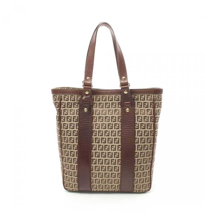 Fendi Zucchino Handbag Tote Bag Canvas Leather Beige Dark Brown