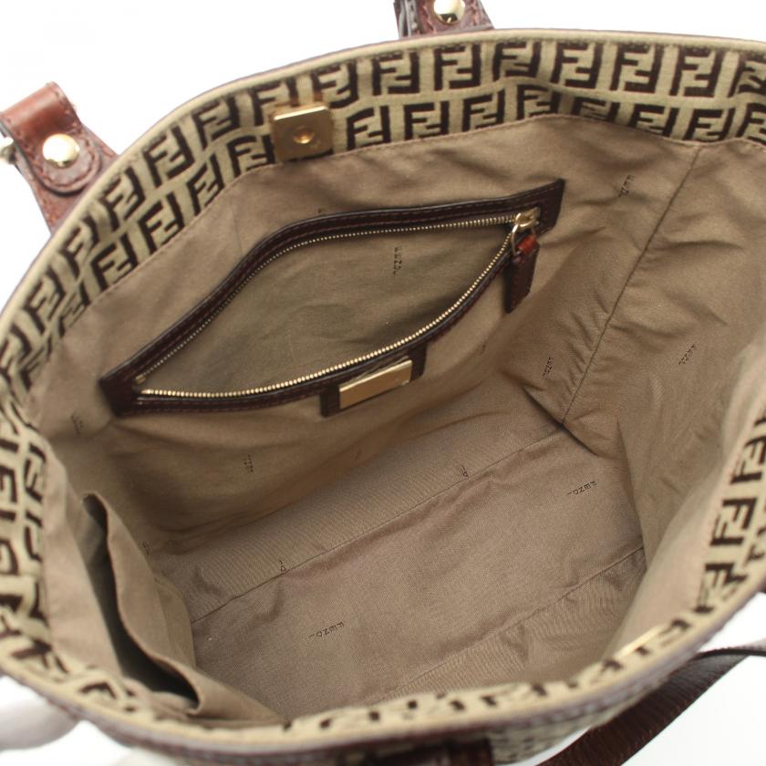 Fendi Zucchino Handbag Tote Bag Canvas Leather Beige Dark Brown