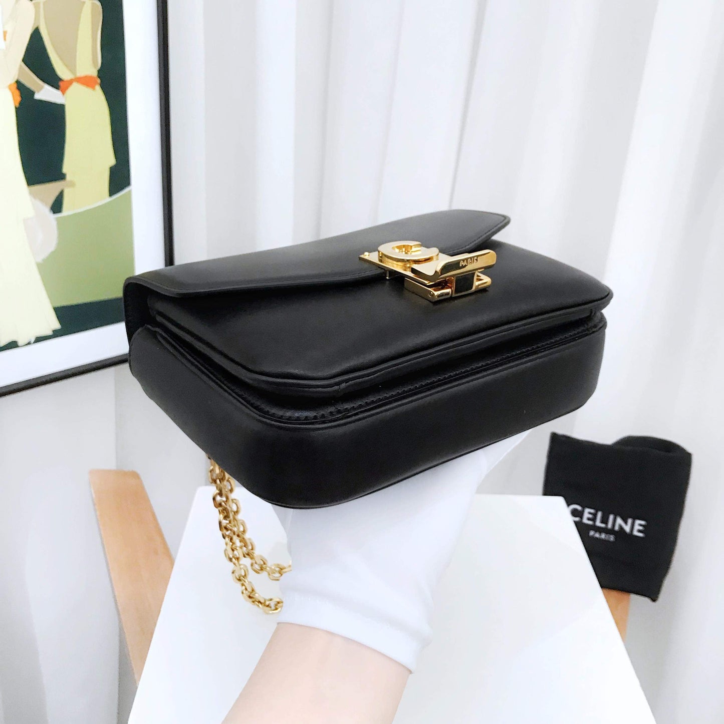 Luxury CELINE C Bag Black Leather Chain Strap Small