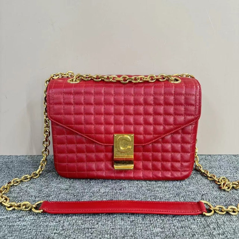 Luxury CELINE Classic Red Quilted Leather Chain Shoulder Bag Medium