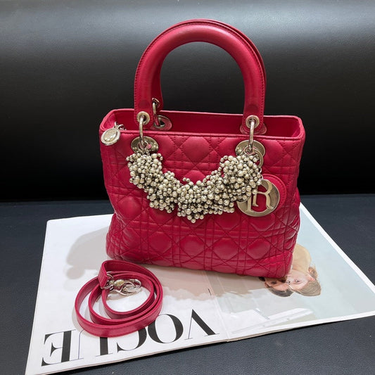 Dior Lady Dior Red Quilted Leather Handbag Medium Size