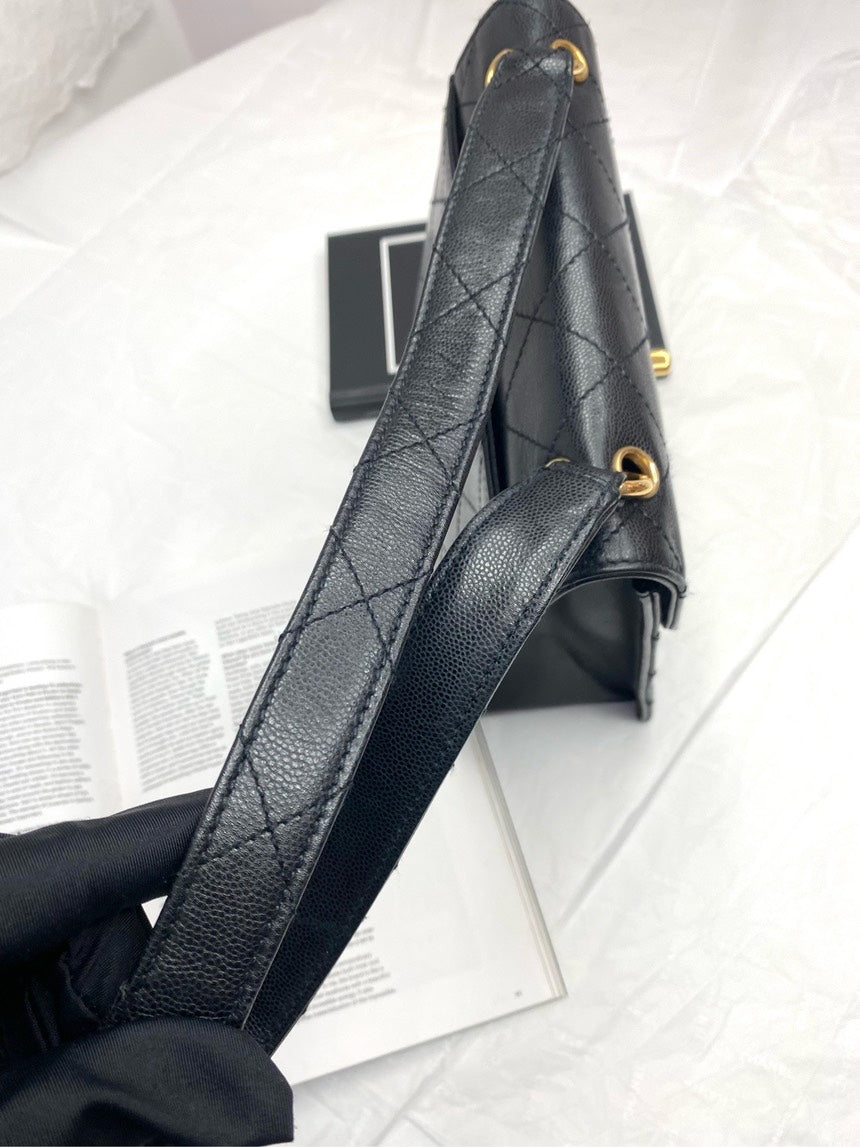 Chanel Black Gold Diamond Pattern Lychee Leather Kelly Shoulder Bag 20" * 21" with Card