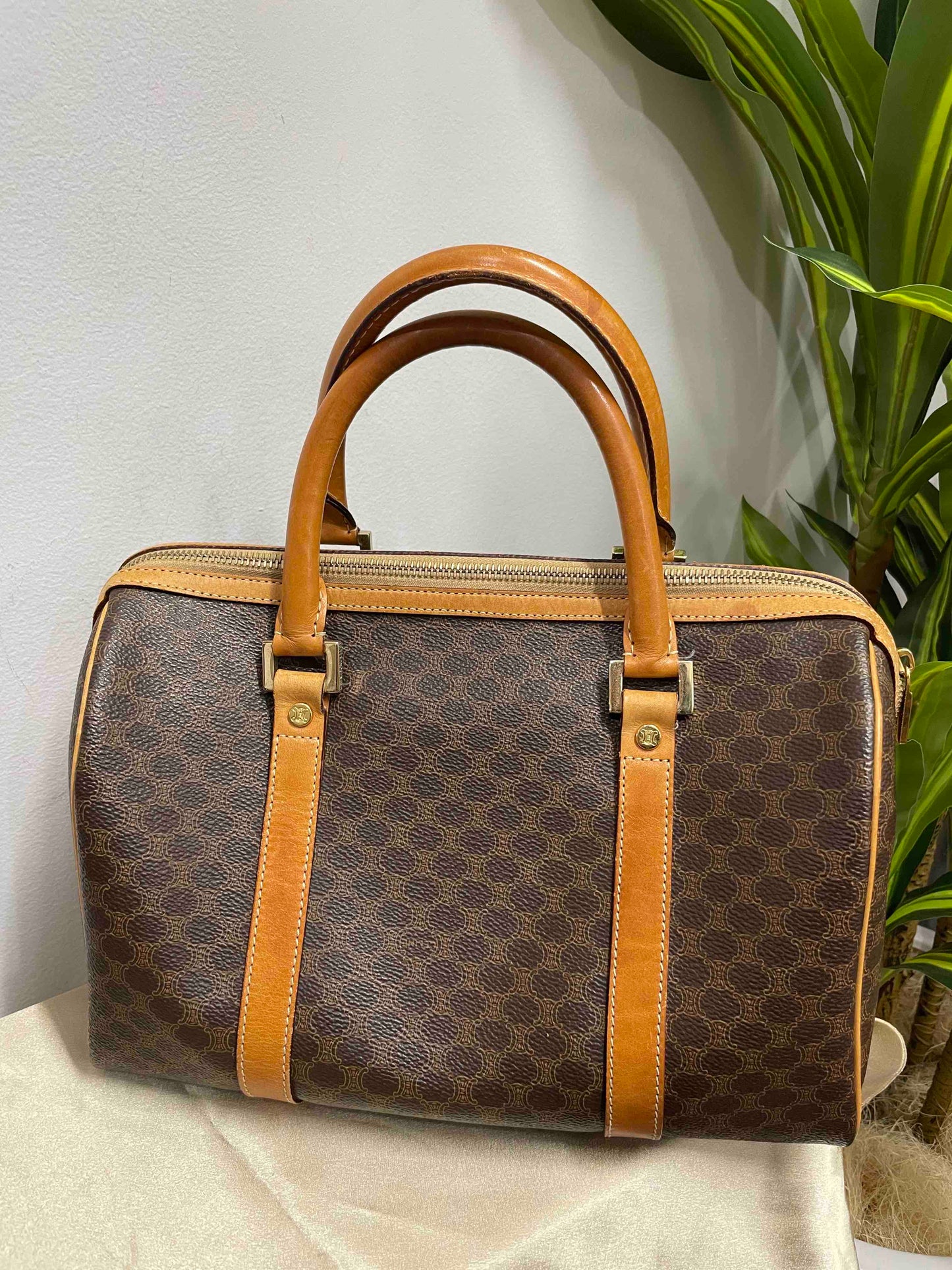 Luxury CELINE Monogram Boston Bag in Brown Canvas