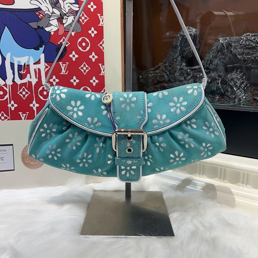 Luxury CELINE Floral Hobo Bag in Turquoise Canvas