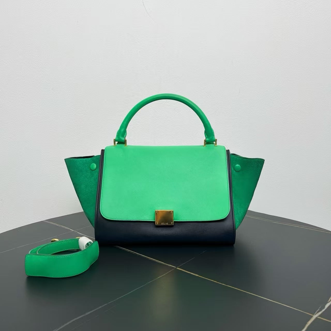 Luxury CELINE Two-Way Bag in Green and Black Suede and Leather - Shoulder Bag