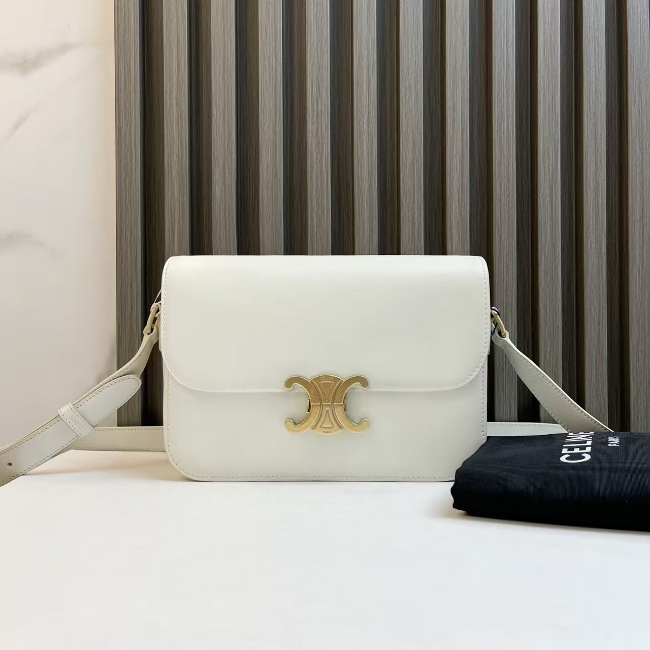 Luxury CELINE Triomphe Shoulder Bag in White Leather