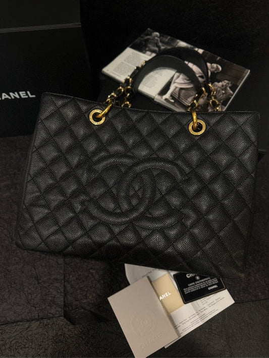 Chanel Black Gold Caviar GST Medium Size Shoulder Bag with Card