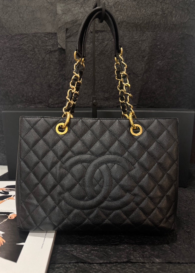 Chanel Black Gold Caviar GST Medium Size Shoulder Bag with Card