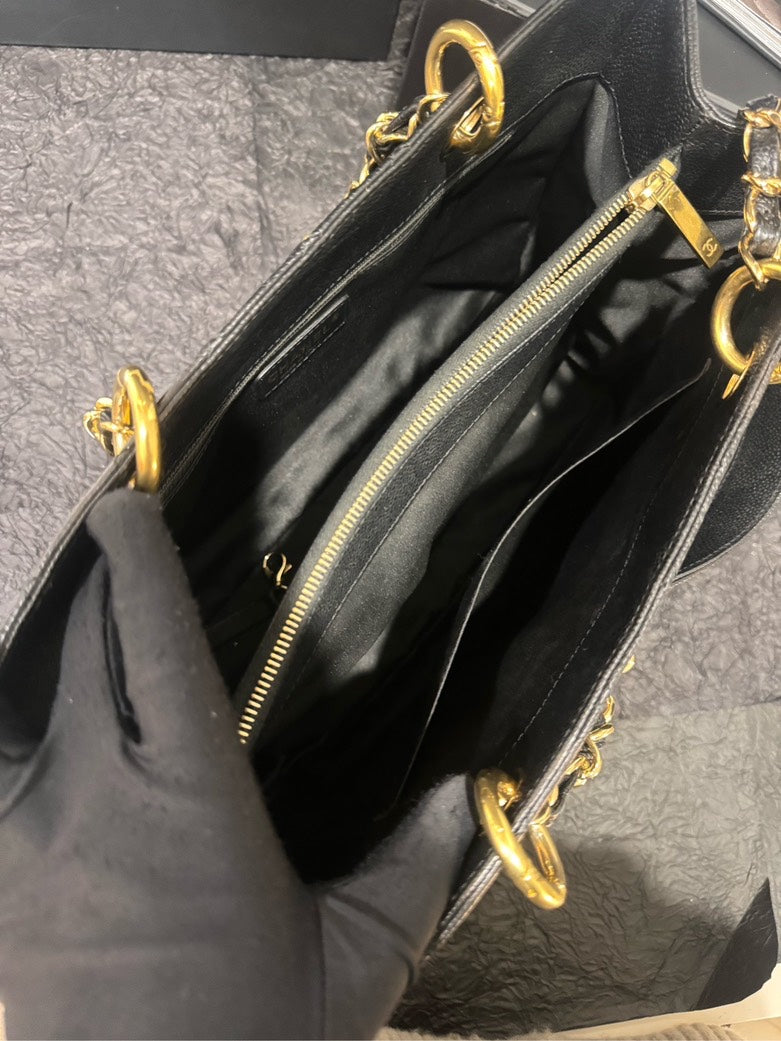 Chanel Black Gold Caviar GST Medium Size Shoulder Bag with Card
